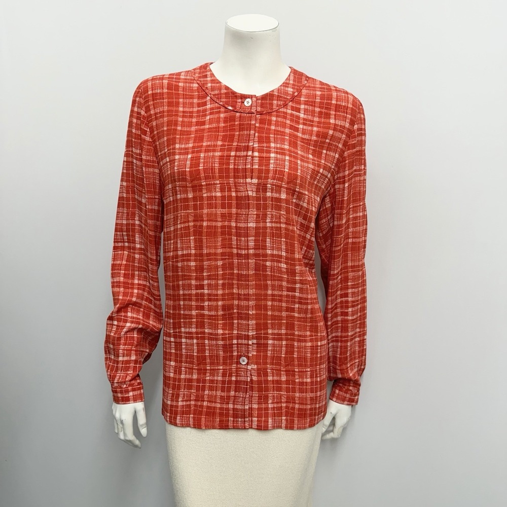 Vintage Louis Feraud Blouse Top Part Silk Red & White Plaid Design F 38 US 6